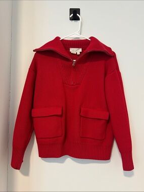 Anthropologie Red Half-Zip Pocket Sweater